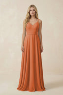 V - Neck A - Line Chiffon Bridesmaid Dress with Crisscross Back in Terracotta - KissProm Bridesmaid Dresses