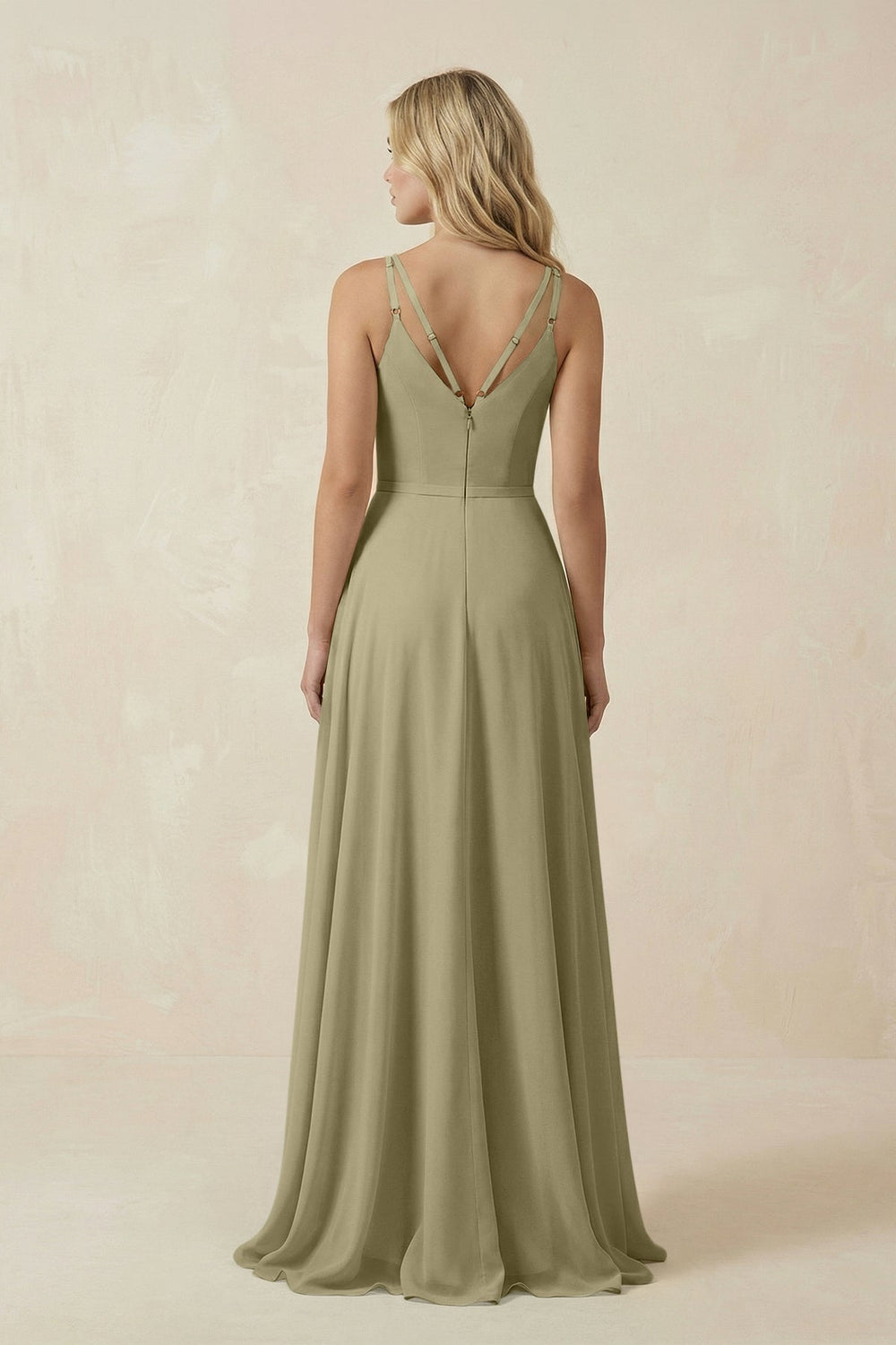 V - Neck A - Line Chiffon Bridesmaid Dress with Crisscross Back in Thyme - KissProm Bridesmaid Dresses