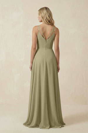 V - Neck A - Line Chiffon Bridesmaid Dress with Crisscross Back in Thyme - KissProm Bridesmaid Dresses