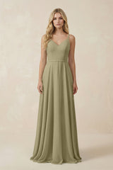 V - Neck A - Line Chiffon Bridesmaid Dress with Crisscross Back in Thyme - KissProm Bridesmaid Dresses