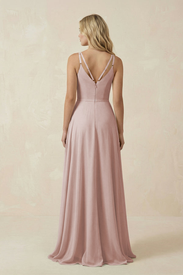V - Neck A - Line Chiffon Bridesmaid Dress with Crisscross Back in Toffee - KissProm Bridesmaid Dresses