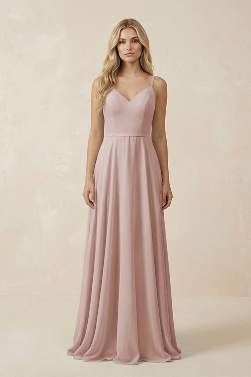 KissProm V-Neck A-Line Chiffon Bridesmaid Dress with Crisscross Back in Toffee, Toffee / Custom Size( Free )