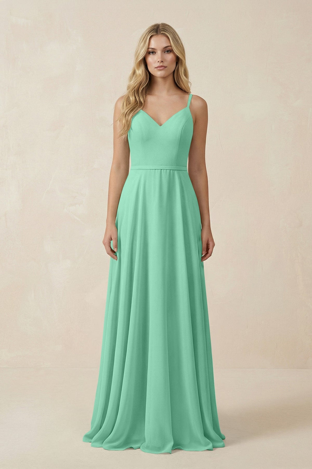 V - Neck A - Line Chiffon Bridesmaid Dress with Crisscross Back in Turquoise - KissProm Bridesmaid Dresses