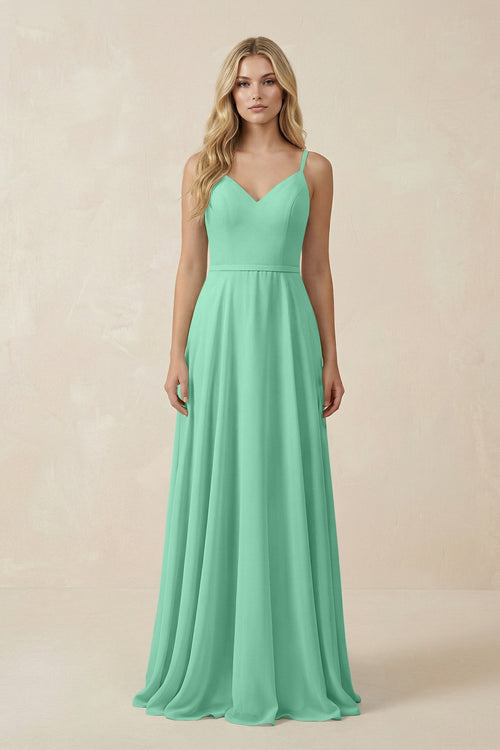 V - Neck A - Line Chiffon Bridesmaid Dress with Crisscross Back in Turquoise - KissProm Bridesmaid Dresses