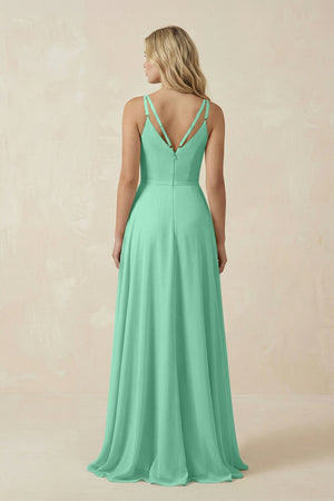 V - Neck A - Line Chiffon Bridesmaid Dress with Crisscross Back in Turquoise - KissProm Bridesmaid Dresses