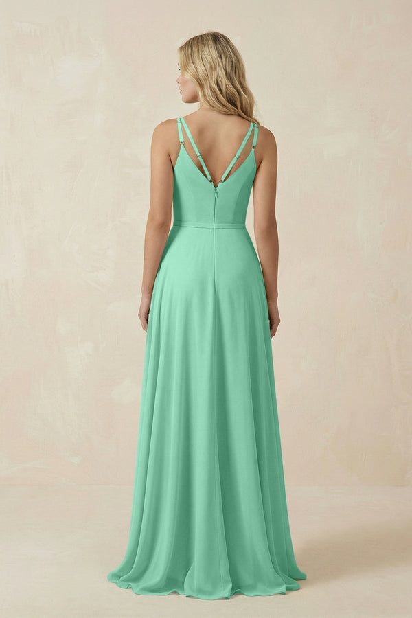 V - Neck A - Line Chiffon Bridesmaid Dress with Crisscross Back in Turquoise - KissProm Bridesmaid Dresses