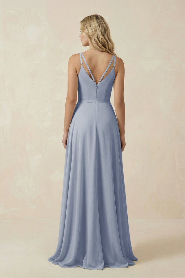 V - Neck A - Line Chiffon Bridesmaid Dress with Crisscross Back in Twilight - KissProm Bridesmaid Dresses