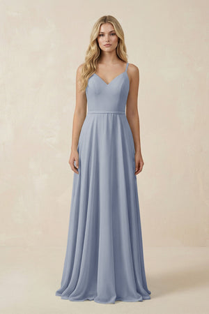 V - Neck A - Line Chiffon Bridesmaid Dress with Crisscross Back in Twilight - KissProm Bridesmaid Dresses