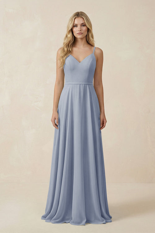 V - Neck A - Line Chiffon Bridesmaid Dress with Crisscross Back in Twilight - KissProm Bridesmaid Dresses