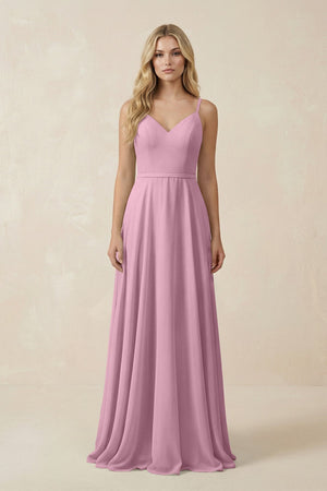 V - Neck A - Line Chiffon Bridesmaid Dress with Crisscross Back in Vintage Mauve - KissProm Bridesmaid Dresses