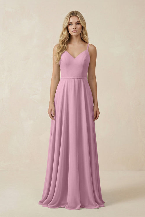 V - Neck A - Line Chiffon Bridesmaid Dress with Crisscross Back in Vintage Mauve - KissProm Bridesmaid Dresses