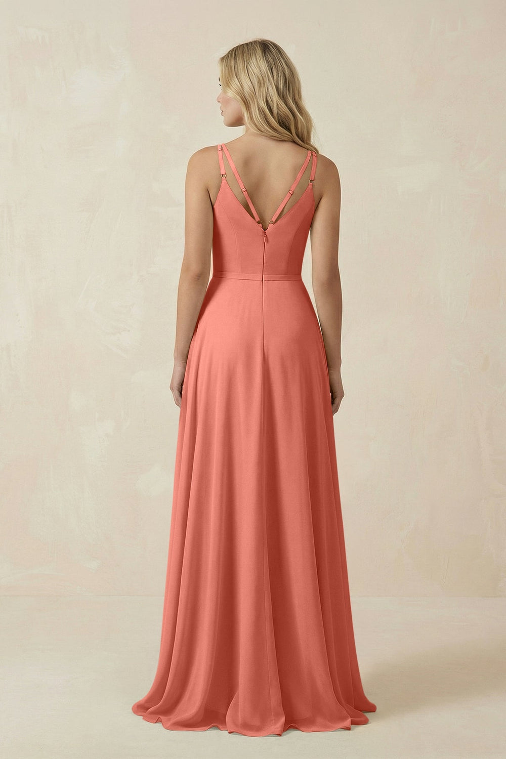 V - Neck A - Line Chiffon Bridesmaid Dress with Crisscross Back in Wild Rose - KissProm Bridesmaid Dresses