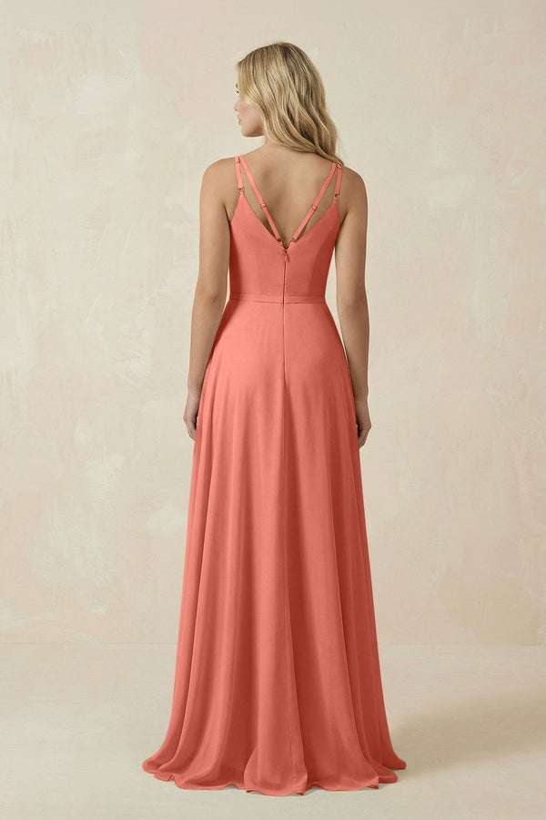 V - Neck A - Line Chiffon Bridesmaid Dress with Crisscross Back in Wild Rose - KissProm Bridesmaid Dresses