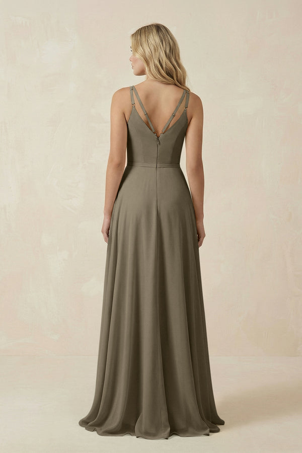 V - Neck A - Line Chiffon Bridesmaid Dress with Crisscross Back in Willow Green - KissProm Bridesmaid Dresses