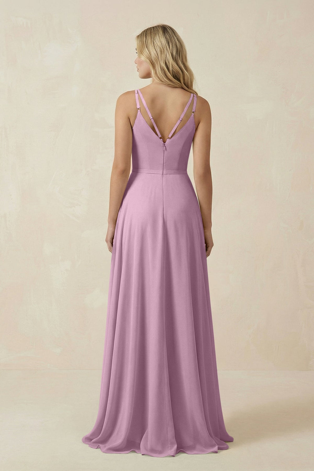 V - Neck A - Line Chiffon Bridesmaid Dress with Crisscross Back in Wisteria - KissProm Bridesmaid Dresses
