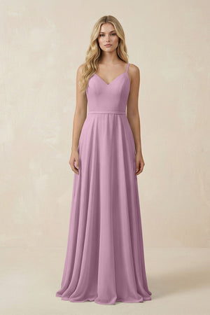 V - Neck A - Line Chiffon Bridesmaid Dress with Crisscross Back in Wisteria - KissProm Bridesmaid Dresses