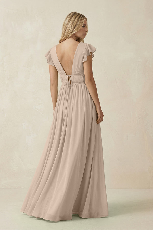 V - Neck A - Line Chiffon Cap Sleeves Bridesmaid Dress in Almond - KissProm Bridesmaid Dresses