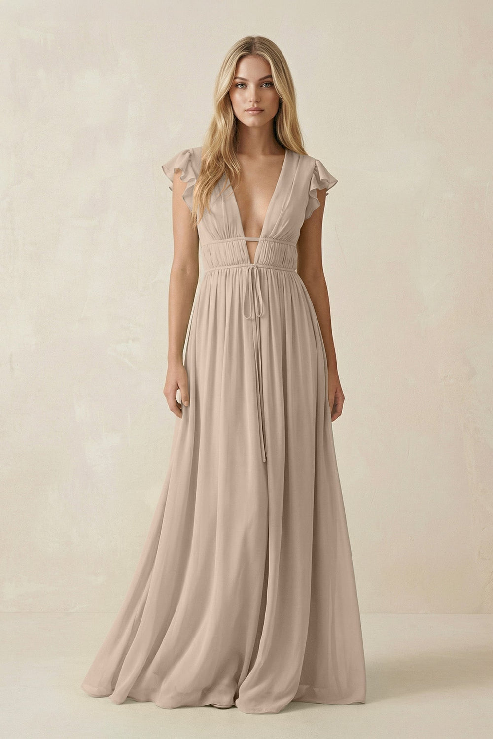 V - Neck A - Line Chiffon Cap Sleeves Bridesmaid Dress in Almond - KissProm Bridesmaid Dresses