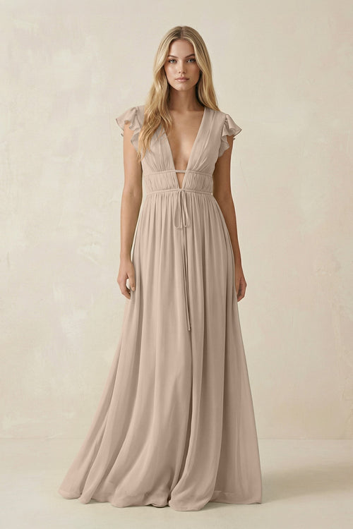 V - Neck A - Line Chiffon Cap Sleeves Bridesmaid Dress in Almond - KissProm Bridesmaid Dresses