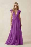 V - Neck A - Line Chiffon Cap Sleeves Bridesmaid Dress in Amethyst - KissProm Bridesmaid Dresses
