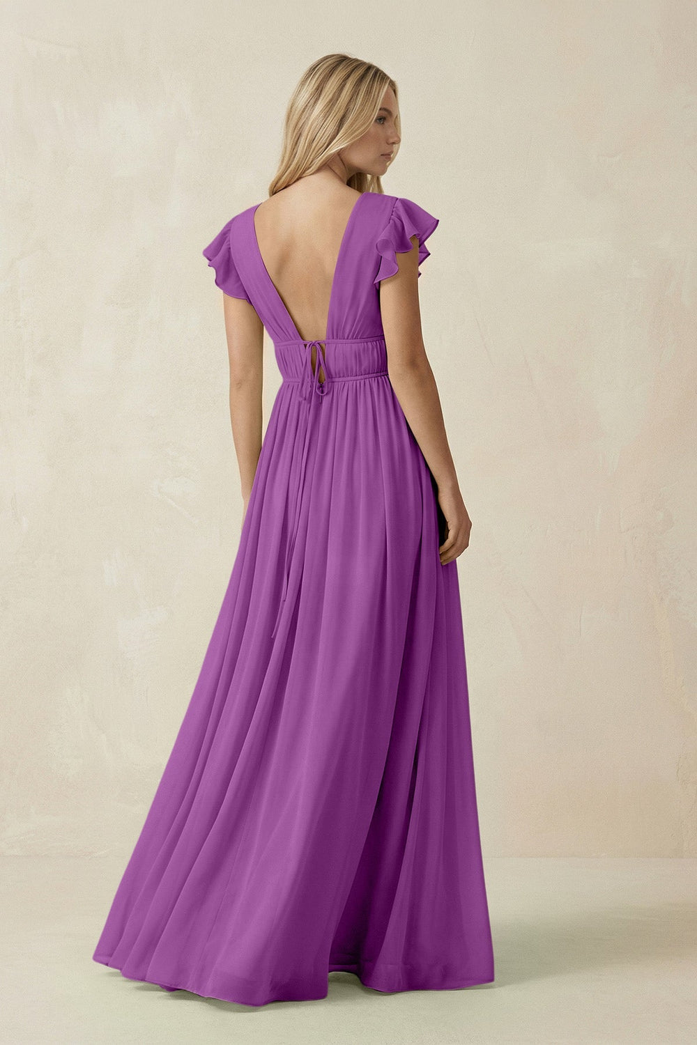 V - Neck A - Line Chiffon Cap Sleeves Bridesmaid Dress in Amethyst - KissProm Bridesmaid Dresses
