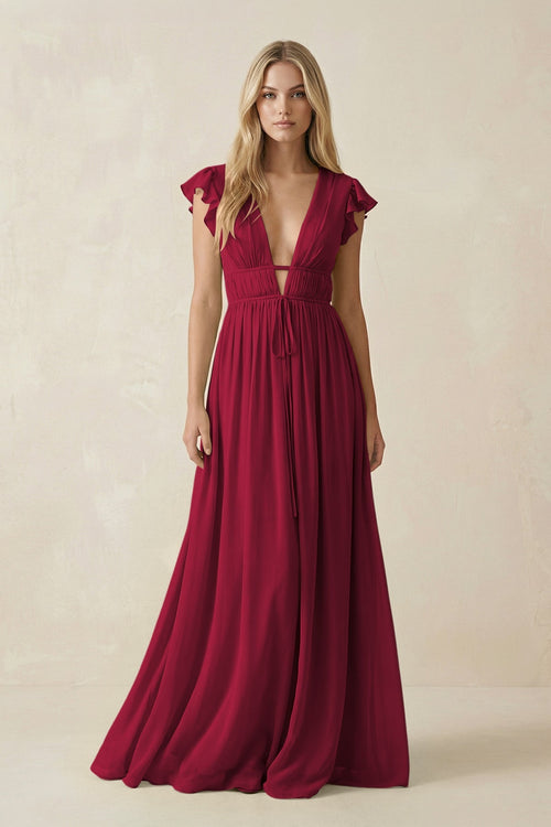V - Neck A - Line Chiffon Cap Sleeves Bridesmaid Dress in Berry - KissProm Bridesmaid Dresses