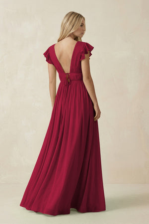 V - Neck A - Line Chiffon Cap Sleeves Bridesmaid Dress in Berry - KissProm Bridesmaid Dresses