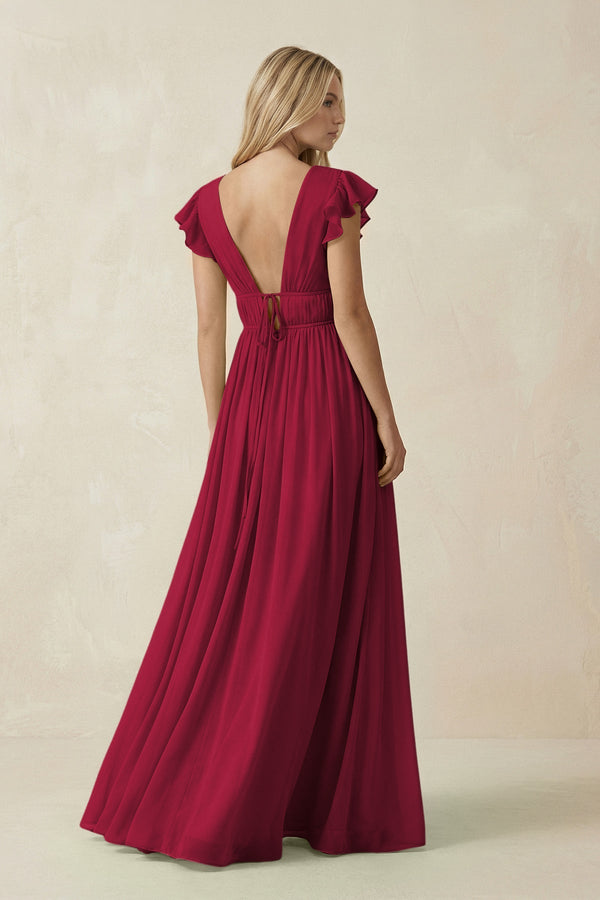 V - Neck A - Line Chiffon Cap Sleeves Bridesmaid Dress in Berry - KissProm Bridesmaid Dresses