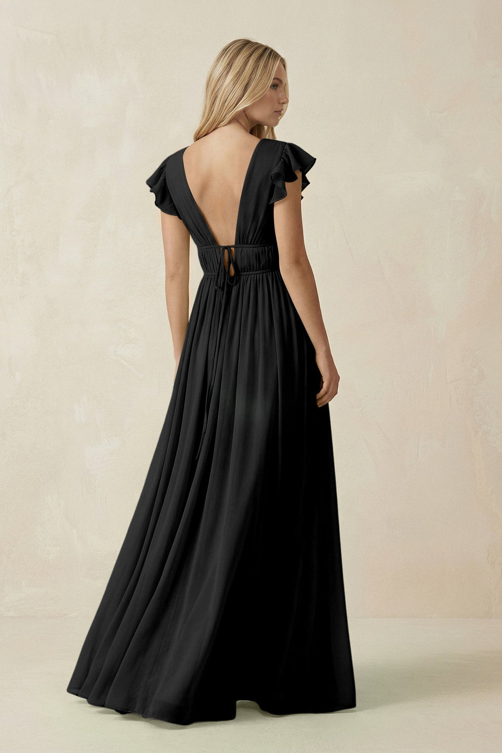 V - Neck A - Line Chiffon Cap Sleeves Bridesmaid Dress in Black - KissProm Bridesmaid Dresses