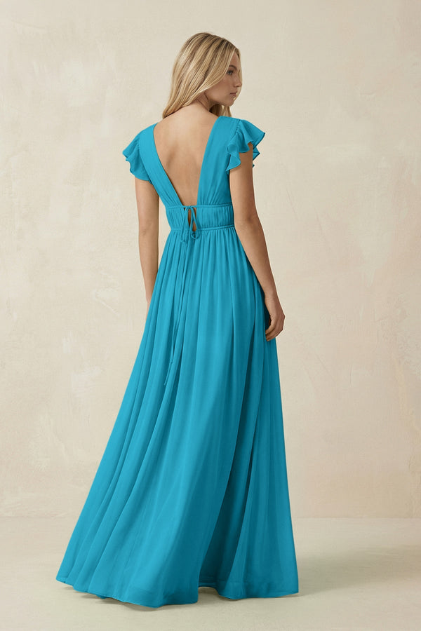 V - Neck A - Line Chiffon Cap Sleeves Bridesmaid Dress in Blue Jay - KissProm Bridesmaid Dresses