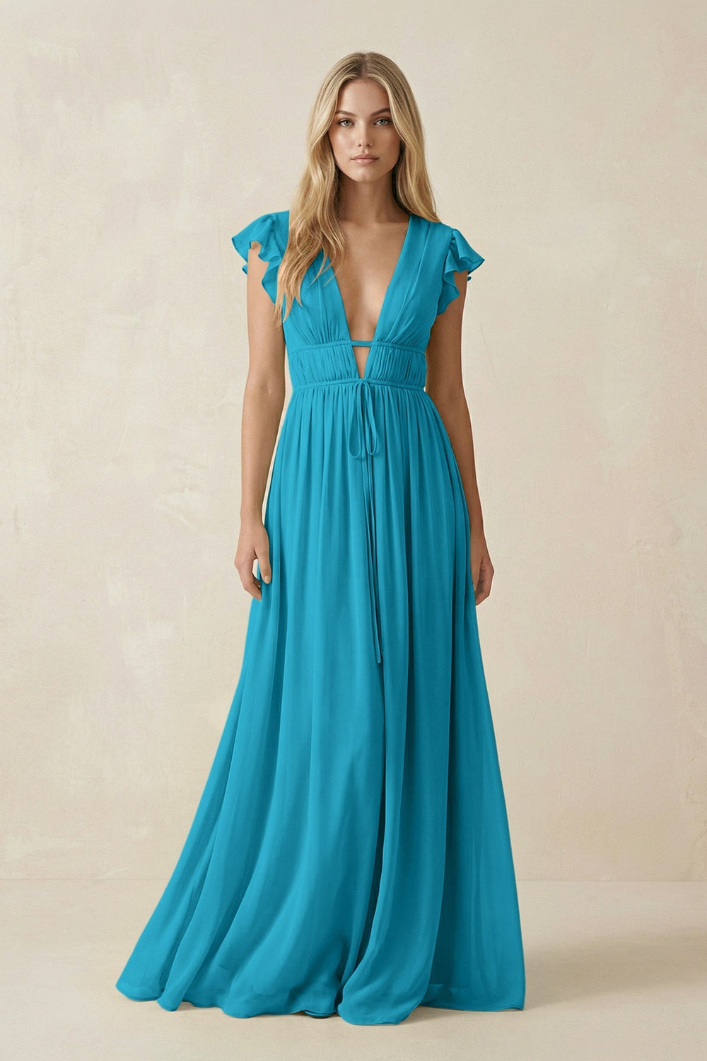 V - Neck A - Line Chiffon Cap Sleeves Bridesmaid Dress in Blue Jay - KissProm Bridesmaid Dresses
