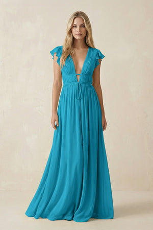 V - Neck A - Line Chiffon Cap Sleeves Bridesmaid Dress in Blue Jay - KissProm Bridesmaid Dresses