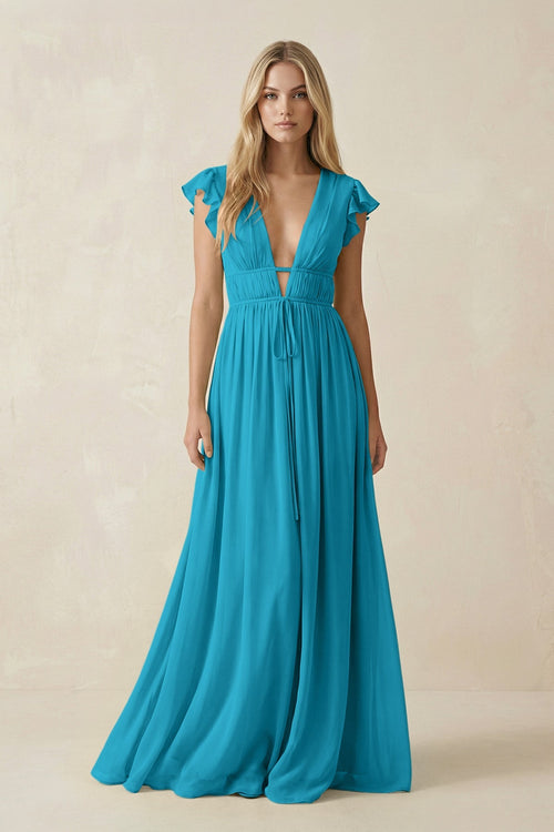 V - Neck A - Line Chiffon Cap Sleeves Bridesmaid Dress in Blue Jay - KissProm Bridesmaid Dresses