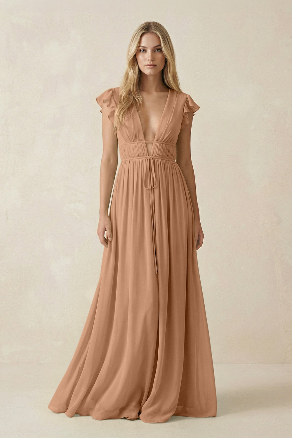 V - Neck A - Line Chiffon Cap Sleeves Bridesmaid Dress in Bronzer - KissProm Bridesmaid Dresses