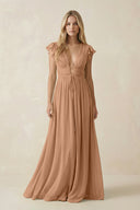 V - Neck A - Line Chiffon Cap Sleeves Bridesmaid Dress in Bronzer - KissProm Bridesmaid Dresses