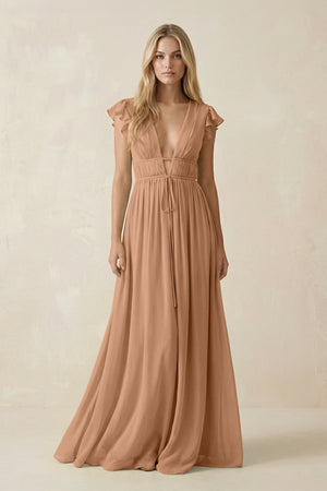 V - Neck A - Line Chiffon Cap Sleeves Bridesmaid Dress in Bronzer - KissProm Bridesmaid Dresses