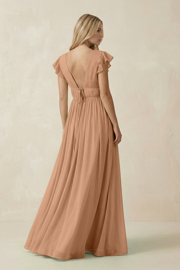 KissProm V-Neck A-Line Chiffon Cap Sleeves Bridesmaid Dress in Bronzer, Bronzer / 20