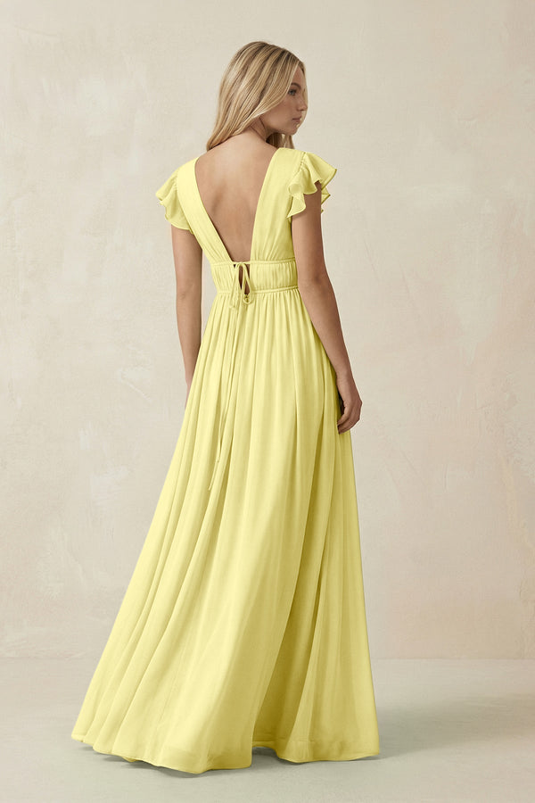 V - Neck A - Line Chiffon Cap Sleeves Bridesmaid Dress in Buttercup - KissProm Bridesmaid Dresses