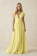 V - Neck A - Line Chiffon Cap Sleeves Bridesmaid Dress in Buttercup - KissProm Bridesmaid Dresses