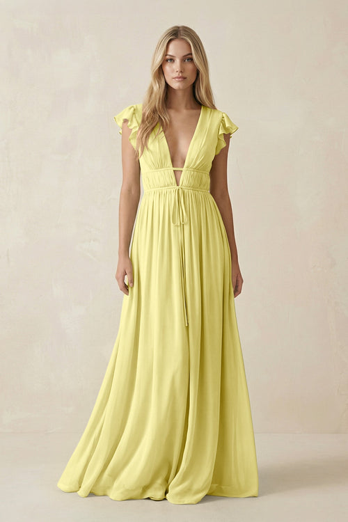 V - Neck A - Line Chiffon Cap Sleeves Bridesmaid Dress in Buttercup - KissProm Bridesmaid Dresses
