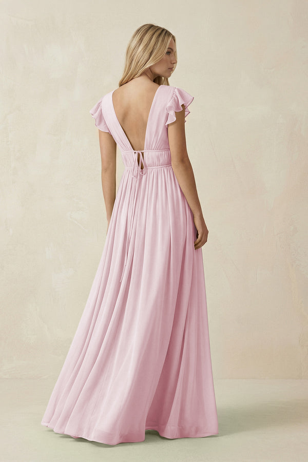 V - Neck A - Line Chiffon Cap Sleeves Bridesmaid Dress in Candy Pink - KissProm Bridesmaid Dresses