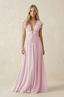 V - Neck A - Line Chiffon Cap Sleeves Bridesmaid Dress in Candy Pink - KissProm Bridesmaid Dresses