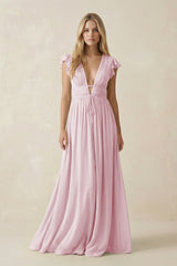 V - Neck A - Line Chiffon Cap Sleeves Bridesmaid Dress in Candy Pink - KissProm Bridesmaid Dresses