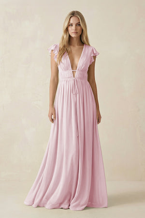 V - Neck A - Line Chiffon Cap Sleeves Bridesmaid Dress in Candy Pink - KissProm Bridesmaid Dresses