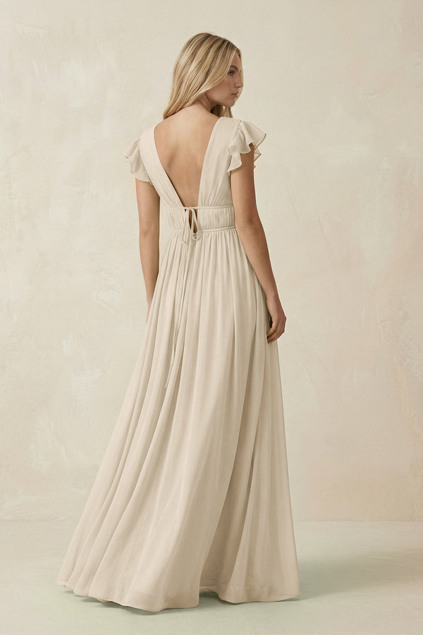 V - Neck A - Line Chiffon Cap Sleeves Bridesmaid Dress in Champagne - KissProm Bridesmaid Dresses