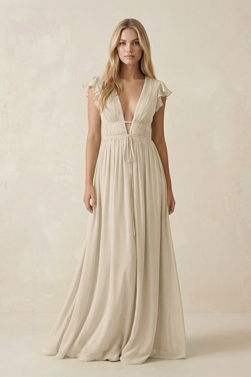 V-Neck A-Line Chiffon Cap Sleeves Bridesmaid Dress in Champagne, Champagne / 16