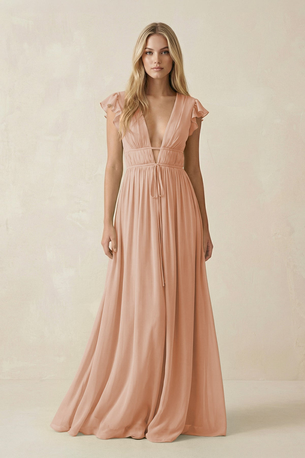 V - Neck A - Line Chiffon Cap Sleeves Bridesmaid Dress in Champagne Rose - KissProm Bridesmaid Dresses