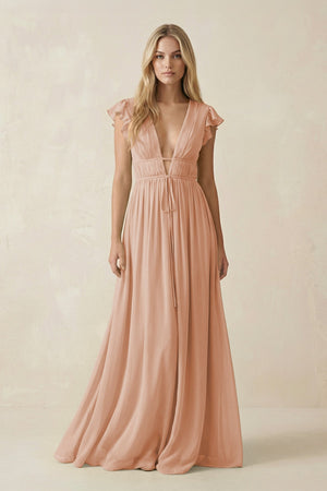 V - Neck A - Line Chiffon Cap Sleeves Bridesmaid Dress in Champagne Rose - KissProm Bridesmaid Dresses