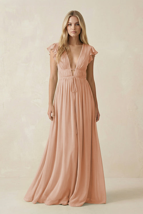 V - Neck A - Line Chiffon Cap Sleeves Bridesmaid Dress in Champagne Rose - KissProm Bridesmaid Dresses