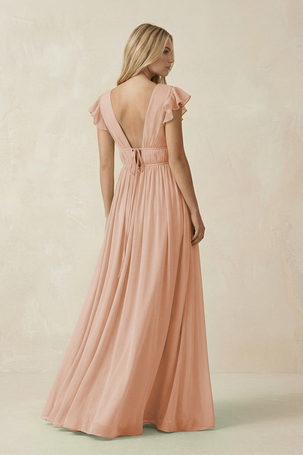 V - Neck A - Line Chiffon Cap Sleeves Bridesmaid Dress in Champagne Rose - KissProm Bridesmaid Dresses